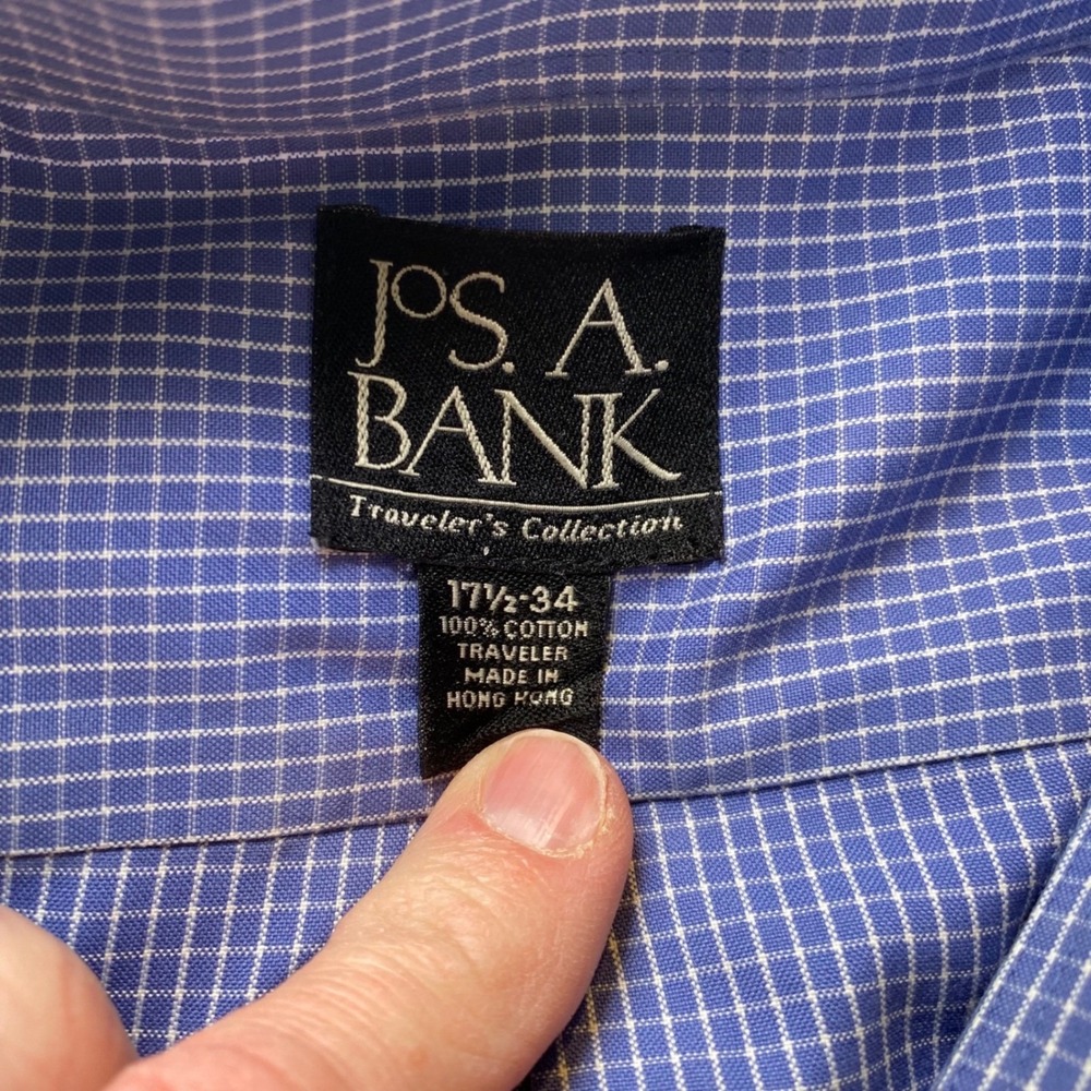Jos A Bank Traveler Lot 3 Dress Shirts 17.5 34 Blue Check Stripe Cotton - Picture 16 of 16